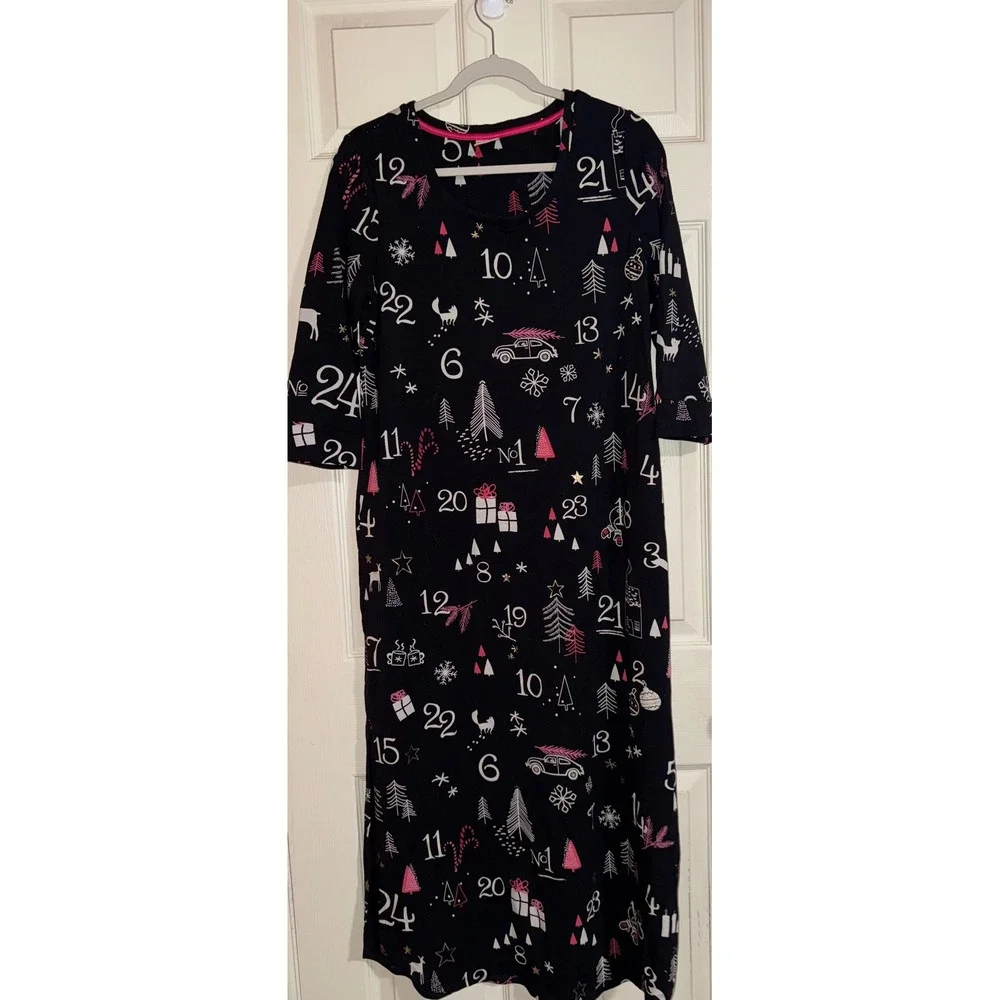 Soma Advent Calendar‎ Christmas Nightgown Black Pink Holiday Midi Sleepwear Med